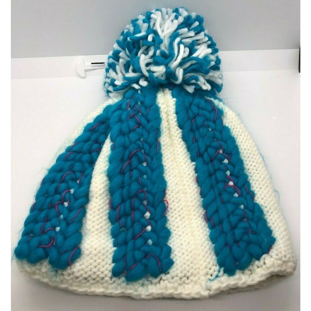 Adult Spyder Ladies Knit Hat w.Fleece Lining & Pom White Blue One Size - Picture 2 of 3